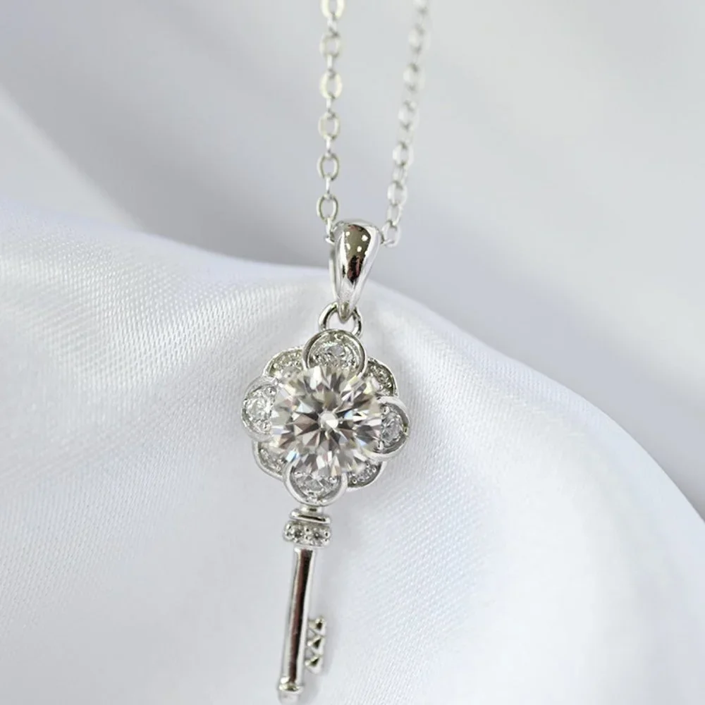Certified 1ct. t.w. Moissanite Diamond Flower Key Necklace NEW